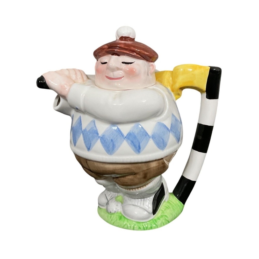 Golf Teapot Novelty Golfer Blue Argyle Japan Vintage Good Condition